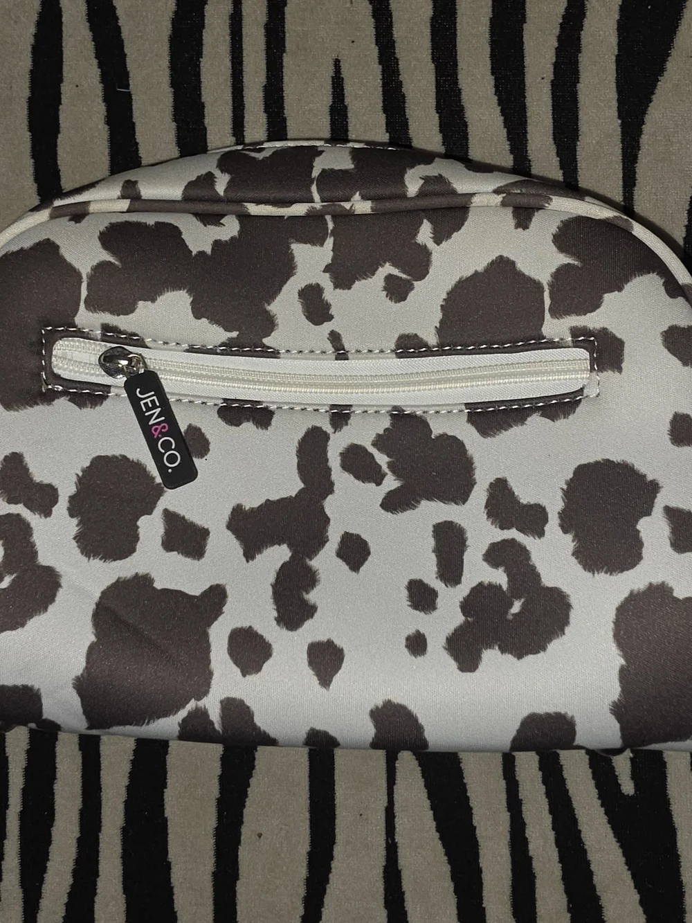 Jen & Co Cow Print Makeup Bag with Removable Pouch - White & Brown